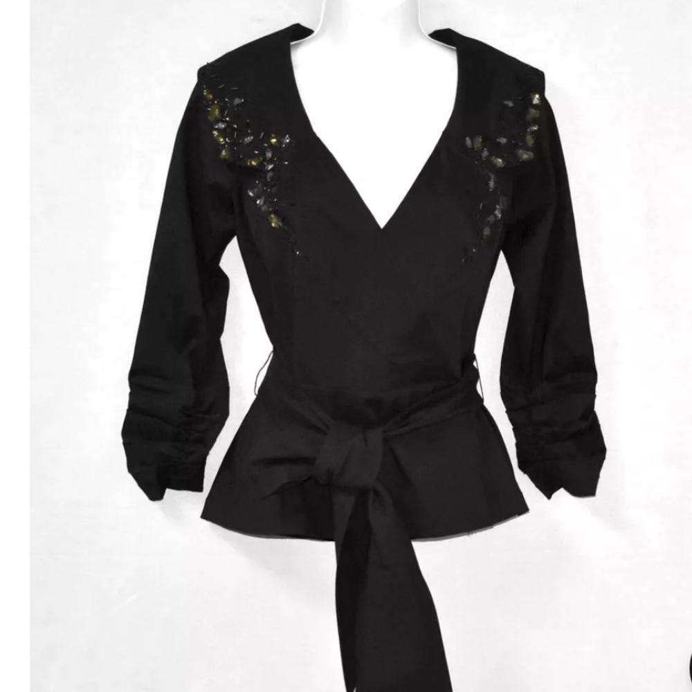 TADASHI SHOJI Black Crystal Beaded Collar Self Belted Back Zip Top Sz 8